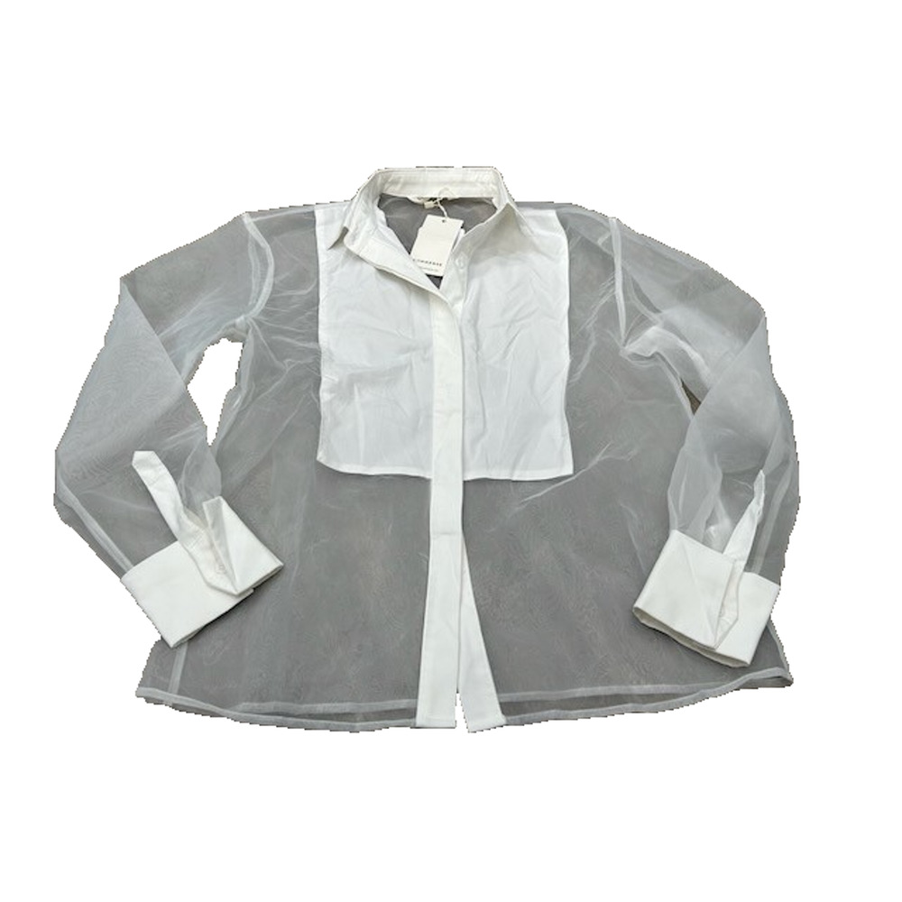 Commense Sheer Panel White Button-Front Blouse
